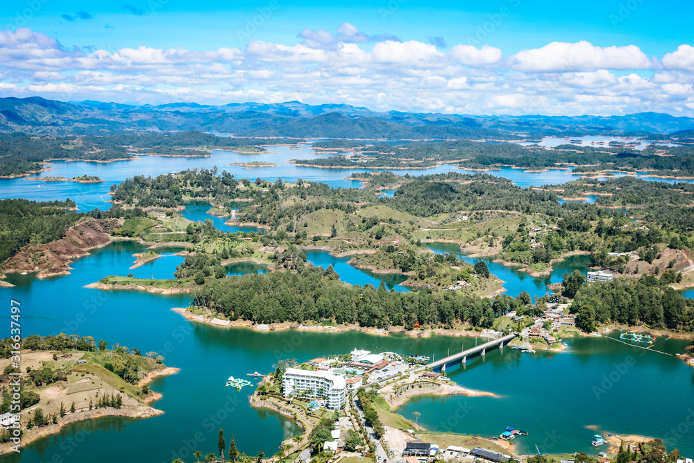 View of the lake landscapes of Guatape seen from Piedra del Peñol 