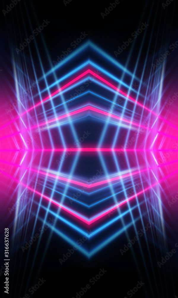 Dark neon background with lines and rays. Blue and pink neon. Abstract futuristic background. Night scene with neon, light reflection. Dark neon background with lines and rays. Blue and pink neon. Abstract futuristic background. Night scene with neon, light reflection.