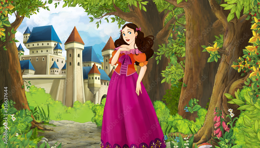Fototapeta premium princess, castle, nature, romantic, queen, cartoon, background, beautiful, beauty, calm, cute, environment, fairy, fairy tale, fairytale, flowers, forest, garden, happy, hills, idyllic, illustration, 