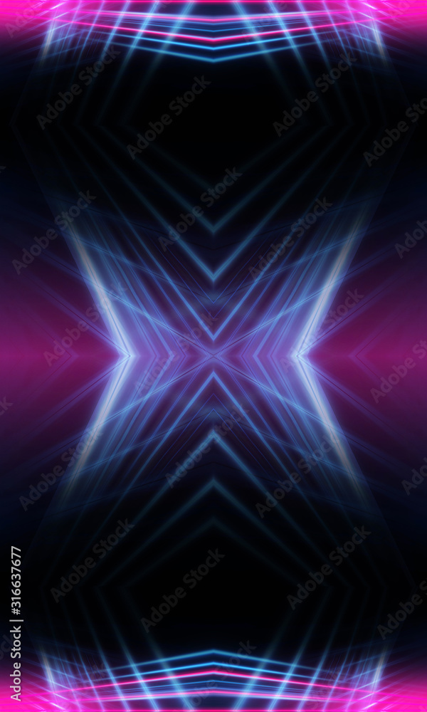 Dark neon background with lines and rays. Blue and pink neon. Abstract futuristic background. Night scene with neon, light reflection. Dark neon background with lines and rays. Blue and pink neon. Abstract futuristic background. Night scene with neon, light reflection.