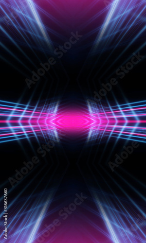 Dark neon background with lines and rays. Blue and pink neon. Abstract futuristic background. Night scene with neon, light reflection.