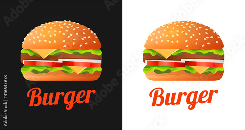 Burger Logo for Cafe shop with Fastfood. Vector illustration of colorful Sandwich on white and black background with caption.