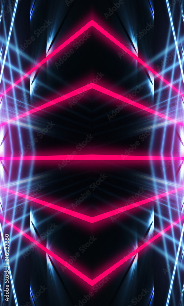 Dark neon background with lines and rays. Blue and pink neon. Abstract futuristic background. Night scene with neon, light reflection.