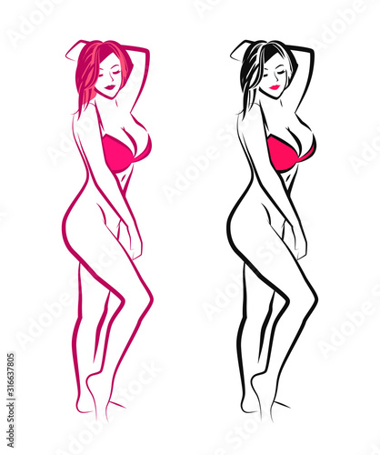 Nude Pin up Girl in swimsuit, Vector Illustration in pink color for Cosmetic saloon, Bra Store or Sex Shop.