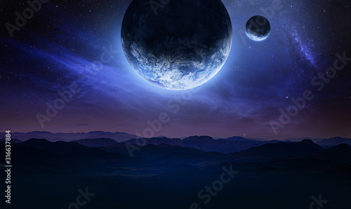 Dark blue space art with landscape and planets in the sky. Mountains and clouds. Elements of this image furnished by NASA