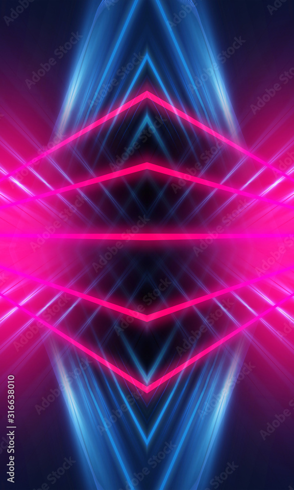 Dark neon background with lines and rays. Blue and pink neon. Abstract futuristic background. Night scene with neon, light reflection. Dark neon background with lines and rays. Blue and pink neon. Abstract futuristic background. Night scene with neon, light reflection.
