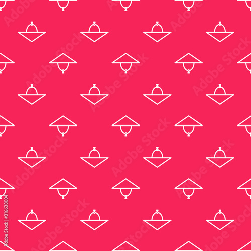 White line Asian conical hat icon isolated seamless pattern on red background. Chinese conical straw hat. Vector Illustration
