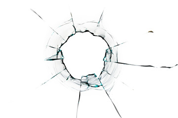 glass crack hole from a ball on a white background