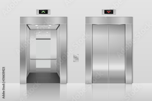 Vector 3d Realistic Blank Empty Open and Closed Steel, Chrome, Silver Metal Office Building Lift Elevator Doors with Buttons Set Closeup. Floor interior mockup. Business Concept. Front view