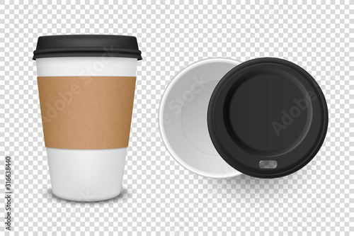 Vector 3d Realistic Disposable Opened and Closed Paper, Plastic Coffee, Tea Cup for Drinks with Black Plastic Lid Icon Set Closeup Isolated on Transparent Background. Design Template, Mockup. Top View