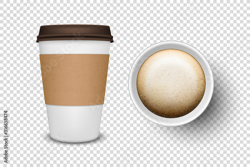 Vector 3d Realistic Disposable Opened Paper, Plastic Coffee Cup for Drinks Icon Set Closeup Isolated on Transparent Background. Design Template, Mockup. Top and Front View