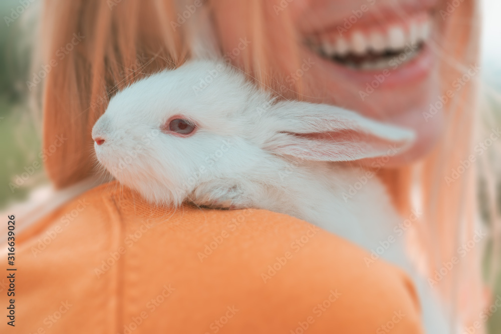 Alice in wonderland. Woman holding cute fluffy rabbit, closeup. Friendship with Easter Bunny. Alice in wonderland. Woman holding cute fluffy rabbit, closeup. Friendship with Easter Bunny.