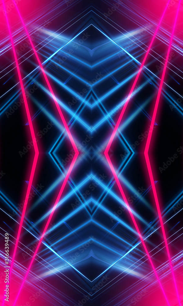 Dark neon background with lines and rays. Blue and pink neon. Abstract futuristic background. Night scene with neon, light reflection. Dark neon background with lines and rays. Blue and pink neon. Abstract futuristic background. Night scene with neon, light reflection.