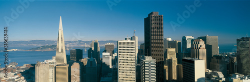 This is the Transamerica Building and skyline in daylight. The Bay Bridge is very small in the background. It is the view from the Fairmont Hotel.