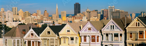 These are the historic Victorian homes in front of the skyline on Steiner Street. They are painted pastel colors and line up next to each other in row house formation.