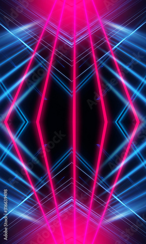 Dark neon background with lines and rays. Blue and pink neon. Abstract futuristic background. Night scene with neon, light reflection.