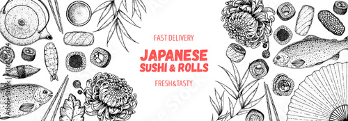 Sushi and rolls vector illustration. Hand drawn sketch. Japanese food menu design. Vintage vector elements for japanese cuisine menu. Retro style design. Food and drink collection.