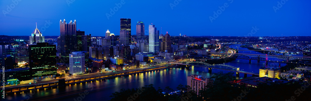 This is the Allegheny and Monongahela Rivers where they meet the Ohio River at dusk. This is the view from Mount Washington.