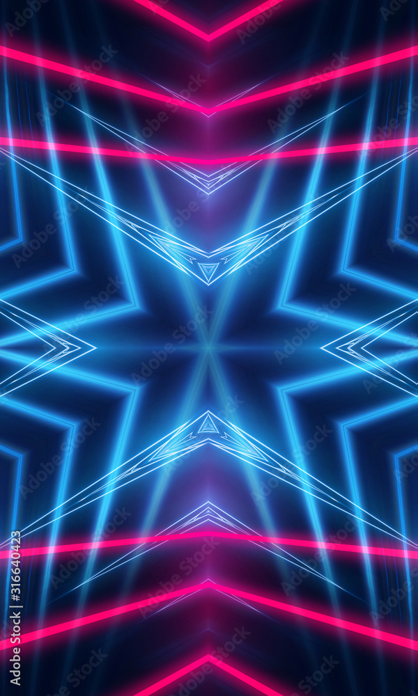 Obraz premium Dark neon background with lines and rays. Blue and pink neon. Abstract futuristic background. Night scene with neon, light reflection.