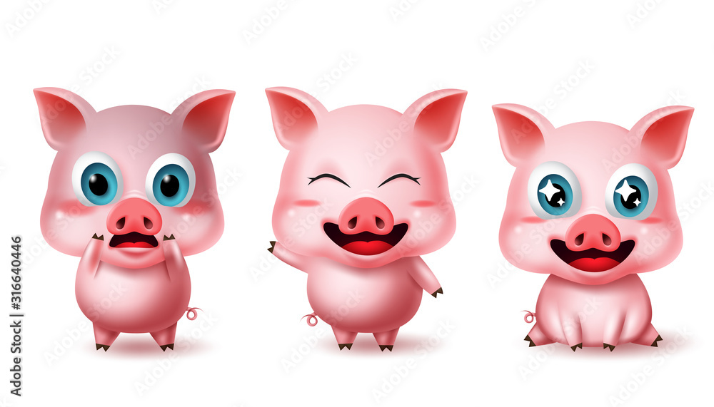 Pig animal characters vector set. Pigs character 3d avatar emoji in  surprise, happy, excited, standing, waving and sitting pose and expressions  isolated in white background. Vector illustration. Stock Vector | Adobe  Stock