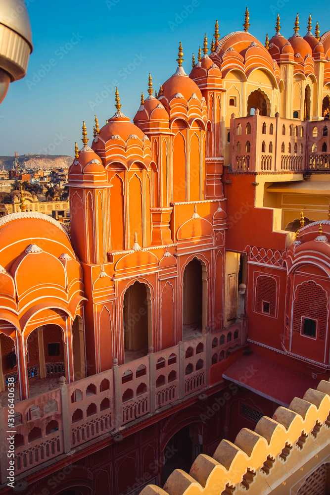 An aerial view on the street in front of the Hawa Mahal also known as the Palace of the Winds in the pink city of Jaipur in Rajasthan