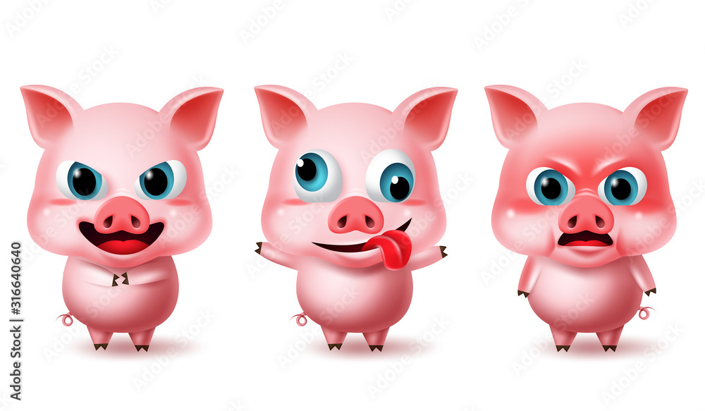 Pigs character standing vector set. Pig animal characters in angry, crazy and naughty with cute 3d avatar facial expressions isolated in white background. Vector illustration. 
