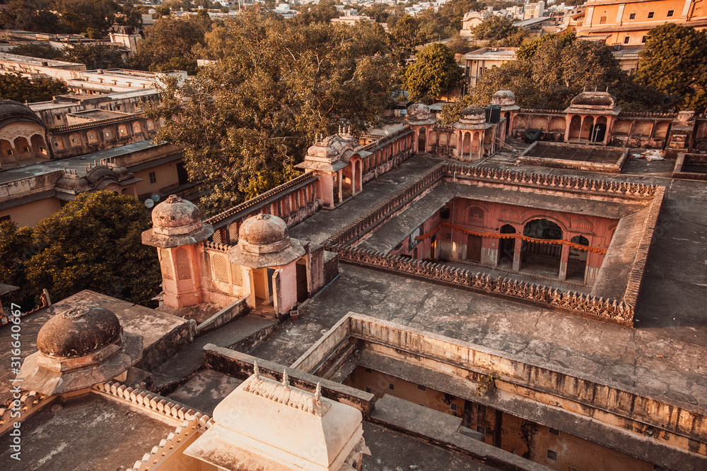 An aerial view on the street in front of the Hawa Mahal also known as the Palace of the Winds in the pink city of Jaipur in Rajasthan