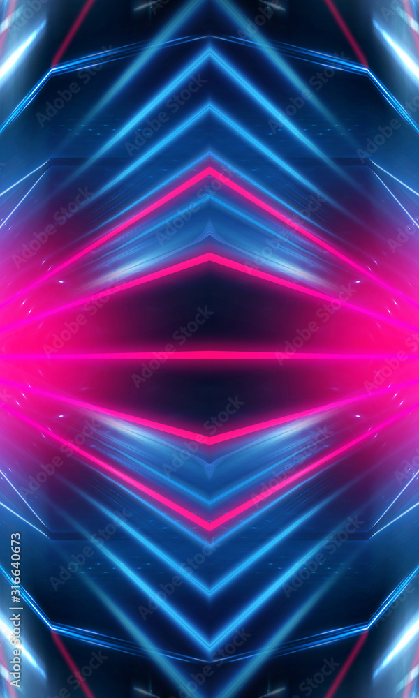 Dark neon background with lines and rays. Blue and pink neon. Abstract futuristic background. Night scene with neon, light reflection. Dark neon background with lines and rays. Blue and pink neon. Abstract futuristic background. Night scene with neon, light reflection.