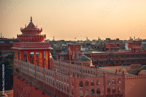 An aerial view on the street in front of the Hawa Mahal also known as the Palace of the Winds in the pink city of Jaipur in Rajasthan photo