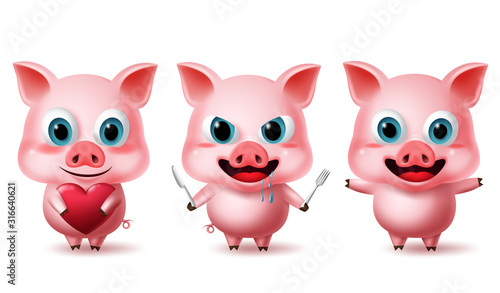 Pig standing characters vector set. Animal pigs character in cute expressions of hungry, happy and excited with heart, knife and pork elements isolated in white background. Vector illustration. 