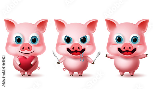 Pig standing characters vector set. Animal pigs character in cute expressions of  hungry, happy and excited with heart, knife and pork elements isolated in white background. Vector illustration. 
