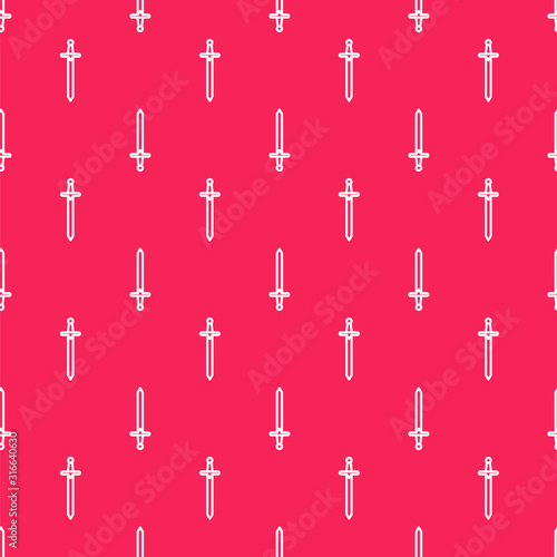 White line Medieval sword icon isolated seamless pattern on red background. Medieval weapon. Vector Illustration