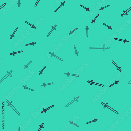 Black line Medieval sword icon isolated seamless pattern on green background. Medieval weapon. Vector Illustration