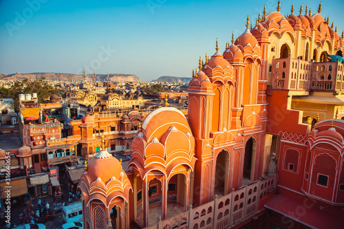 An aerial view on the street in front of the Hawa Mahal also known as the Palace of the Winds in the pink city of Jaipur in Rajasthan