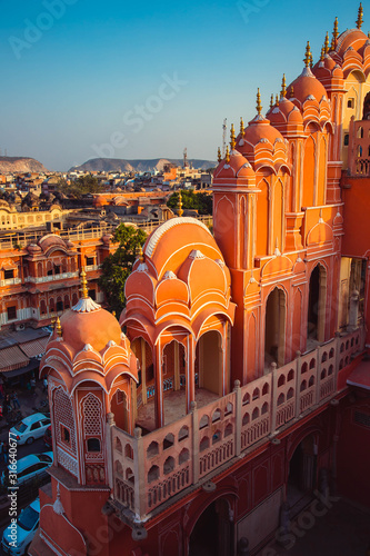 An aerial view on the street in front of the Hawa Mahal also known as the Palace of the Winds in the pink city of Jaipur in Rajasthan
