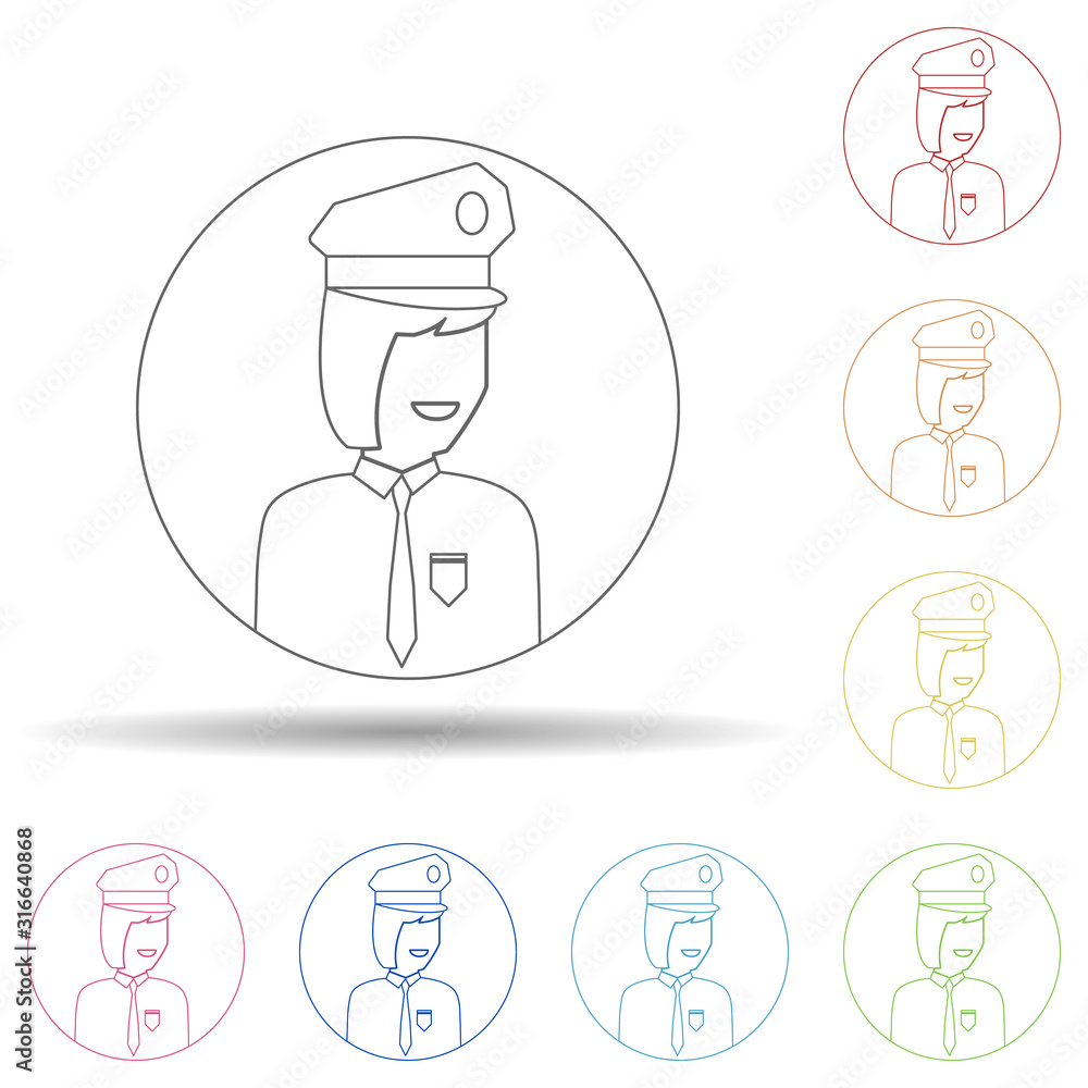 Avatar of police woman in multi color style icon. Simple thin line, outline vector of avatar icons for ui and ux, website or mobile application Avatar of police woman in multi color style icon. Simple thin line, outline vector of avatar icons for ui and ux, website or mobile application