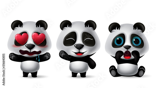 Panda bear character vector set. Pandas animal character in crying, happy, surprise, standing, sitting and in love facial expressions isolated in white background. Vector illustration.   