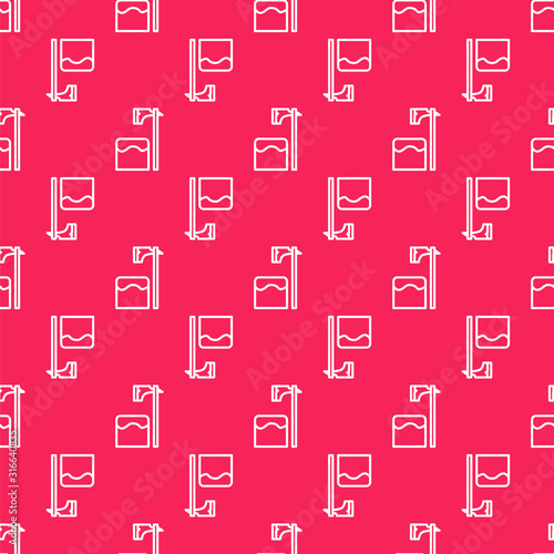 White line Executioner axe in tree block icon isolated seamless pattern on red background. Hangman, torturer, executor, tormentor, butcher, headsman. Vector Illustration