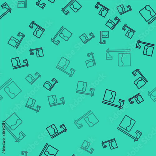 Black line Executioner axe in tree block icon isolated seamless pattern on green background. Hangman, torturer, executor, tormentor, butcher, headsman. Vector Illustration