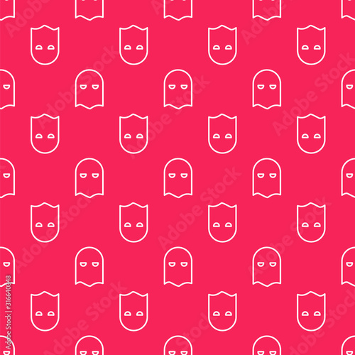 White line Executioner mask icon isolated seamless pattern on red background. Hangman, torturer, executor, tormentor, butcher, headsman icon. Vector Illustration