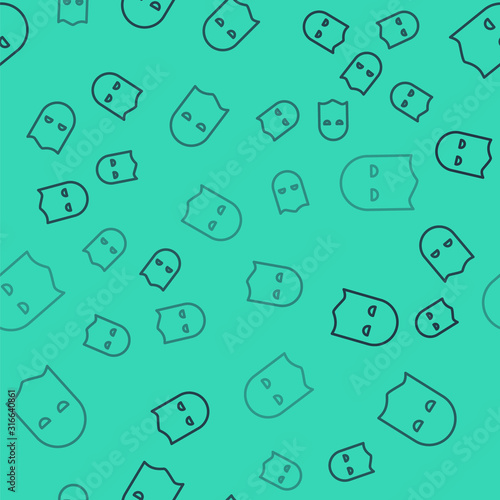 Black line Executioner mask icon isolated seamless pattern on green background. Hangman, torturer, executor, tormentor, butcher, headsman icon. Vector Illustration