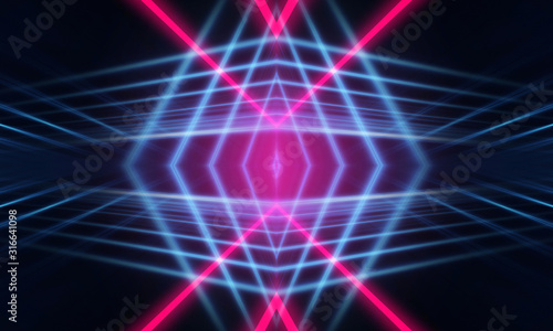 Dark abstract futuristic background. Neon lines glow. Neon lines, shapes. Multi-colored glow, blurry lights, bokeh. Empty stage background