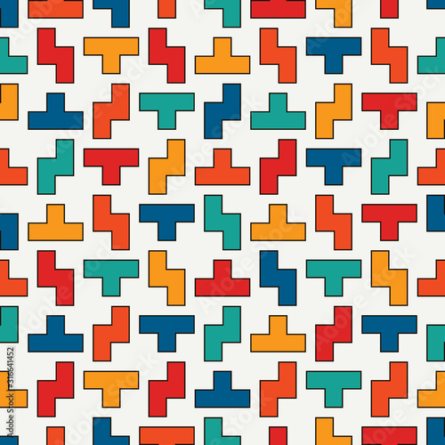 Repeated creative puzzle mosaic abstract background. Seamless surface pattern design with simple geometric ornament.