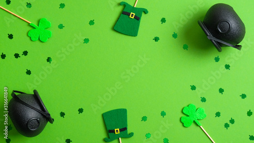 St Patricks Day frame of leprechaun hats, shamrocks, pots of gold and confetti. Saint Patrick's Day party invitation card template, Irish Patrick's Day sale banner mockup, greeting card