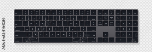 Modern grey laptop bluetooth keyboard isolated on transparent background. Minimalistic keyboard with black buttons. Vector illustration photo