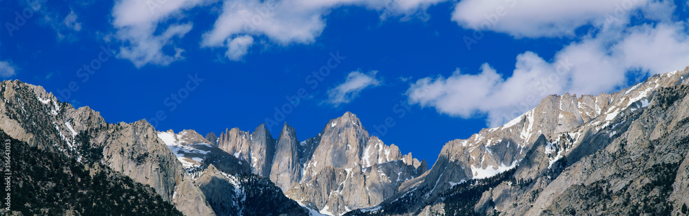 This is Mount Whitney which is the highest mountain in North America. It is at 14,495 feet elevation. It is located on Route 395 in the Sierra Mountains.