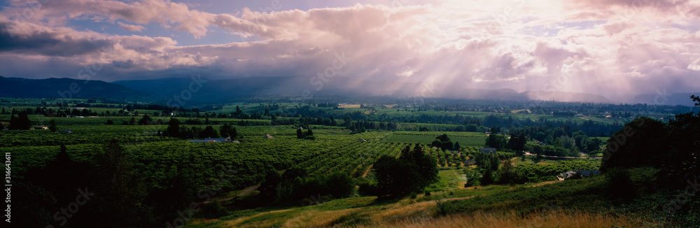 This is near the Hood River. It is a green valley with houses and farms scattered throughout. The sun is projecting god rays down over the valley through the white clouds.