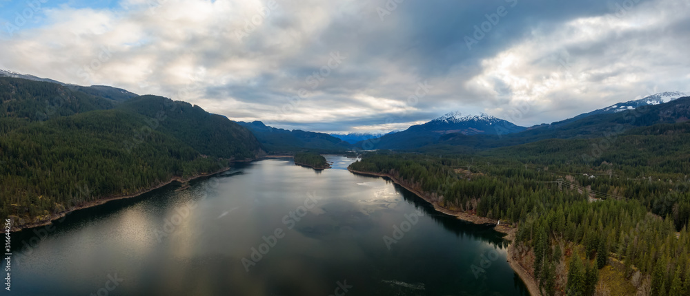 Aerial Panoramic View of Daisy Lake and Sea to Sky Highway in the Canadian Mountain Landscape. Taken near Whistler and Squamish, North of Vancouver, BC, Canada.