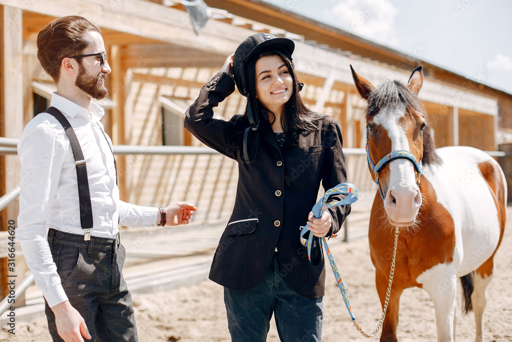 Horse theme. Businessman with a horse. Brunette with her friend