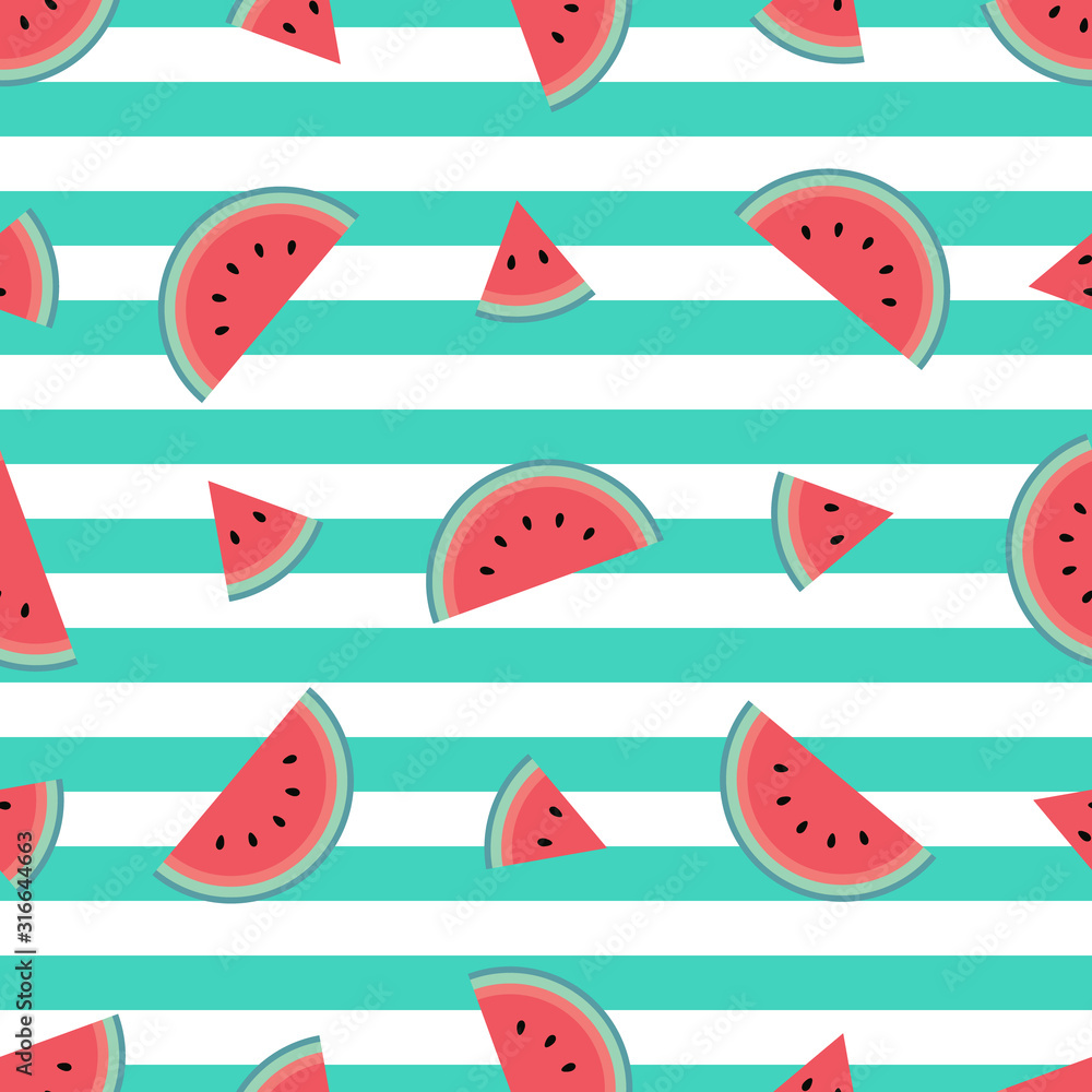 Cute watermelon pattern with turquoise stripes. Flat cartoon style. Minimalist and simple. Seamless vector illustration.